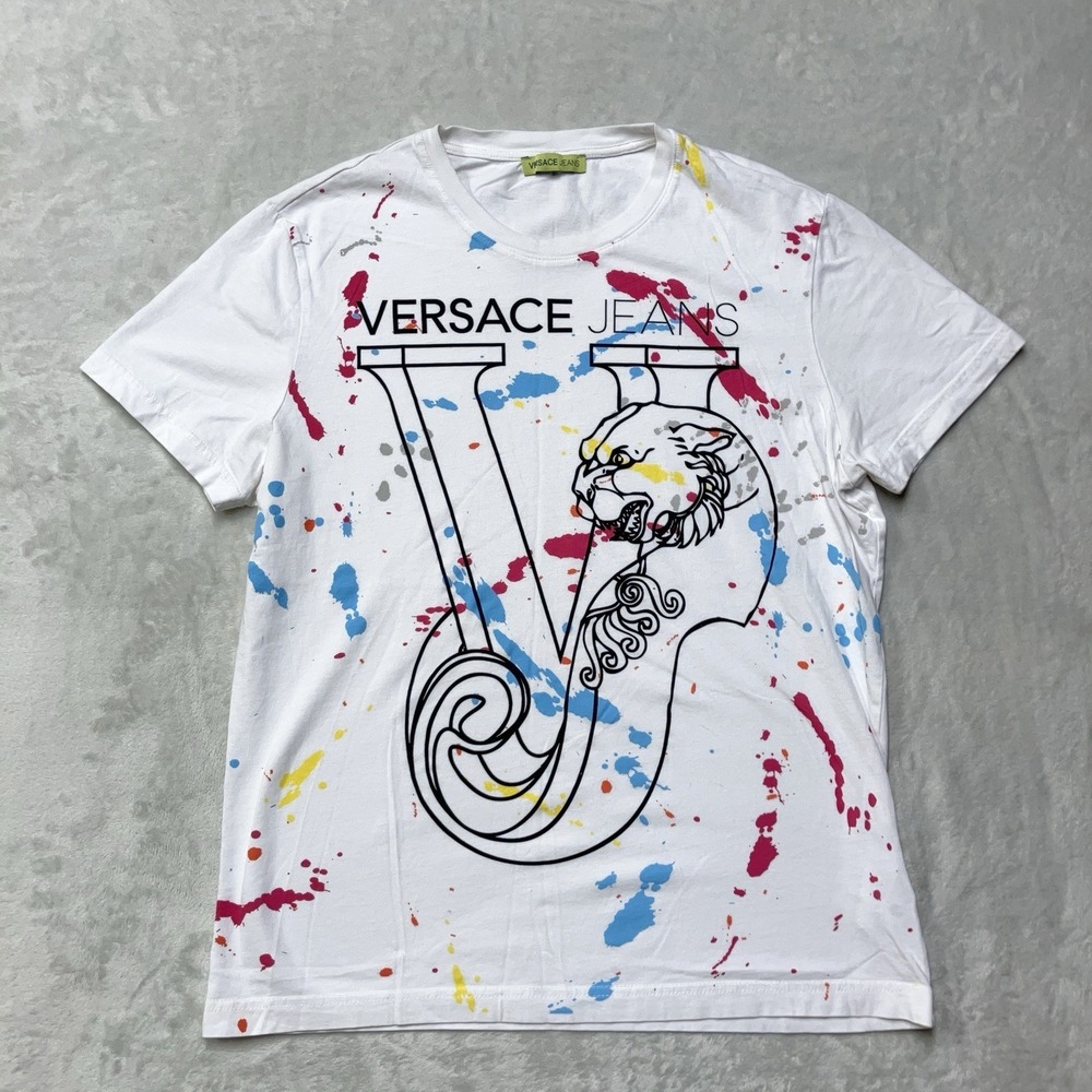 Y2K Versace Jeans T-Shirt Mens S? White Paint Splatter Big Logo Graphic Tee